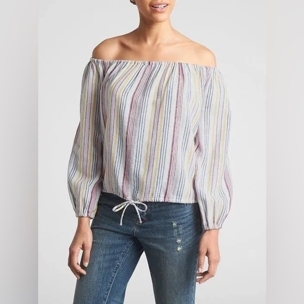 GAP STRIPES Off the Shoulder  Long‎ Sleeve Striped Blouse Size Large Tie Front